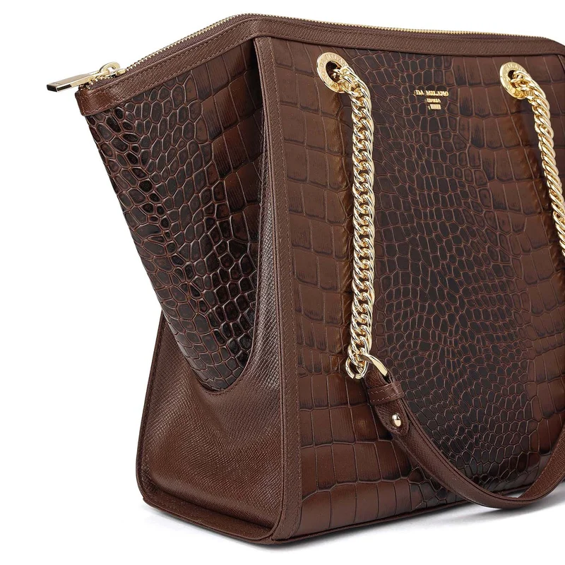 Da Milano Walnut Medium Croco Leather Tote - Walnut for Women | Best Price UAE